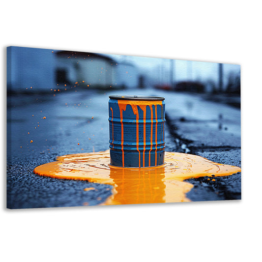 Blauw Vat in Oranje Verf canvas