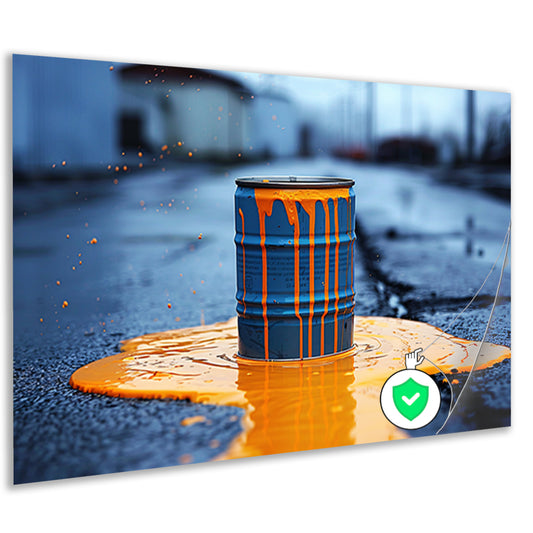 Blauw Vat in Oranje Verf poster