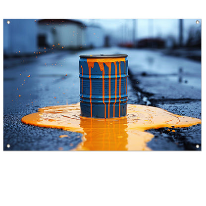 Blauw Vat in Oranje Verf tuinposter