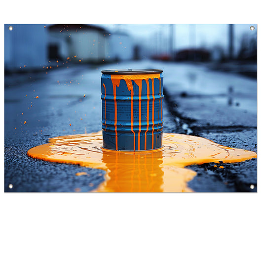 Blauw Vat in Oranje Verf tuinposter