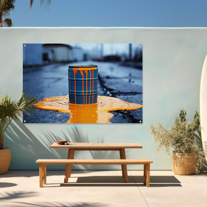 Blauw Vat in Oranje Verf tuinposter