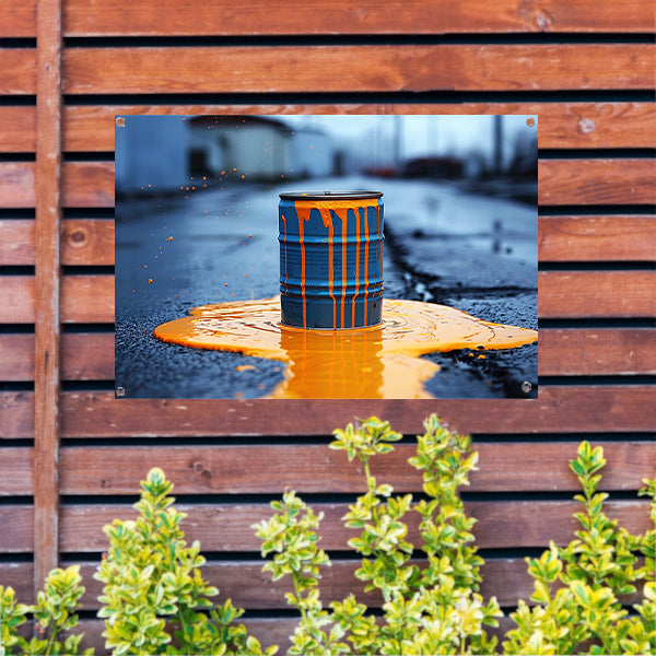 Blauw Vat in Oranje Verf tuinposter