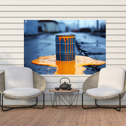Blauw Vat in Oranje Verf tuinposter