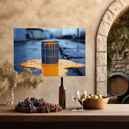 Blauw Vat in Oranje Verf tuinposter