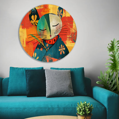 Vrolijke abstracte kat met kleurrijke bloemen forex muurcirkel