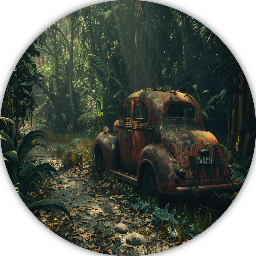 Roestige auto overgroeid door jungle aluminium muurcirkel