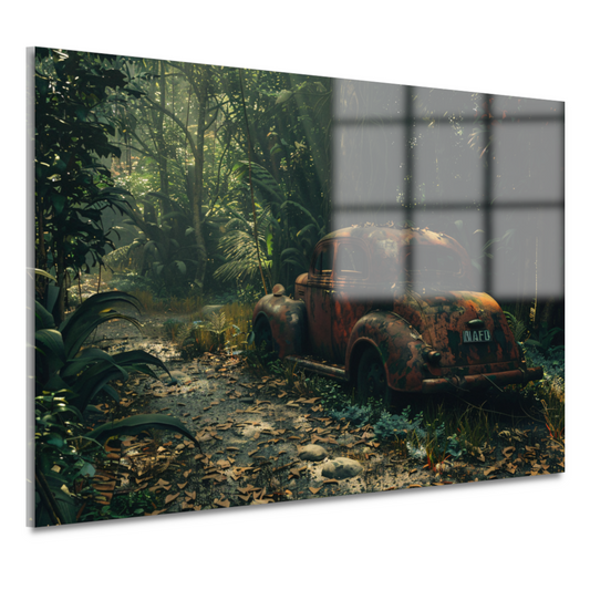 Roestige auto overgroeid door jungle acrylglas