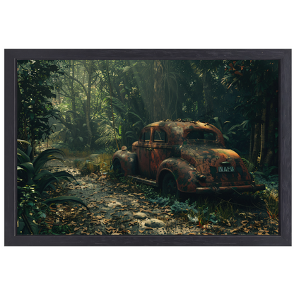 Roestige auto overgroeid door jungle canvas met baklijst