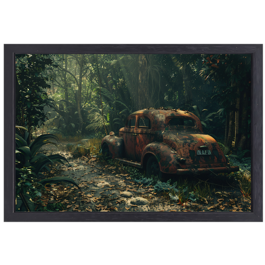 Roestige auto overgroeid door jungle canvas met baklijst