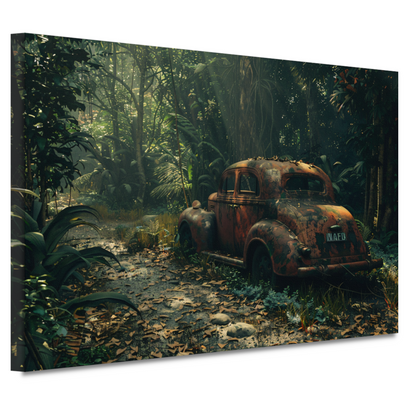 Roestige auto overgroeid door jungle canvas
