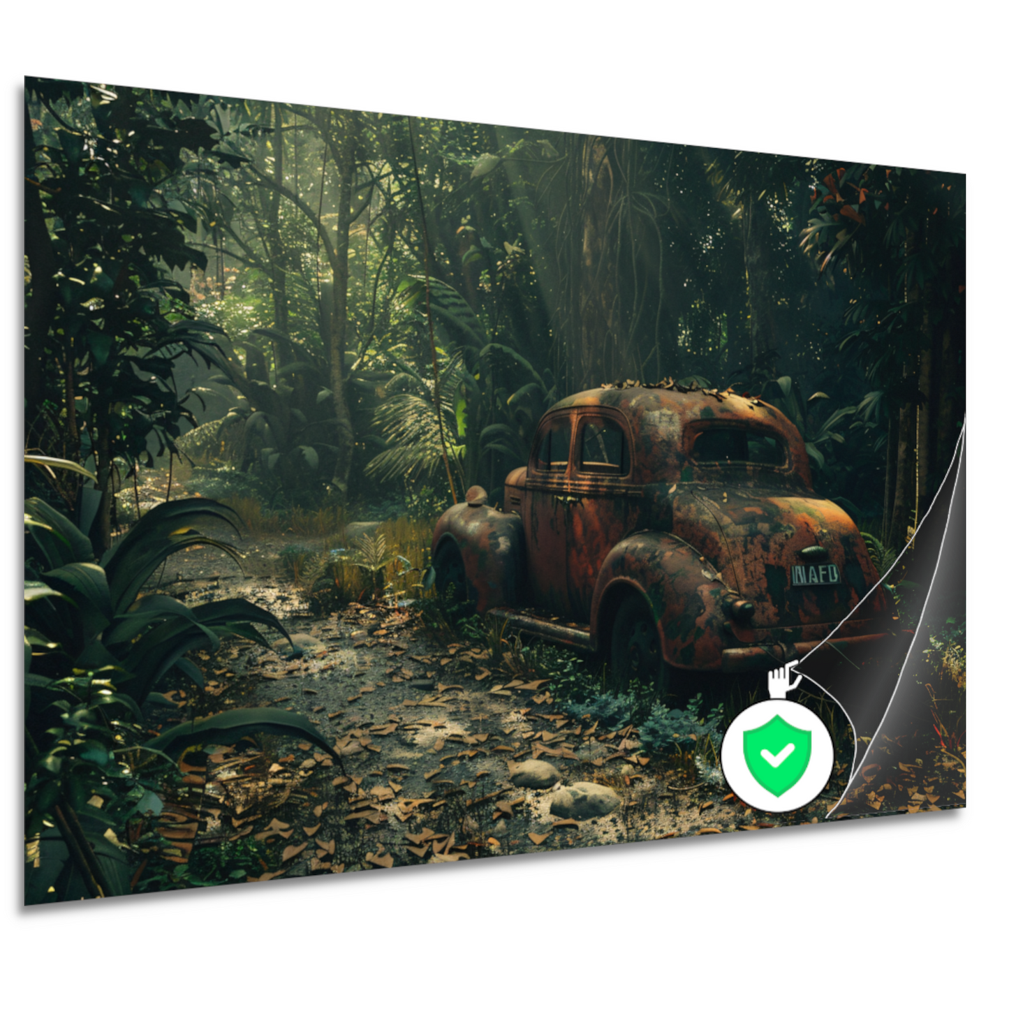 Roestige auto overgroeid door jungle poster