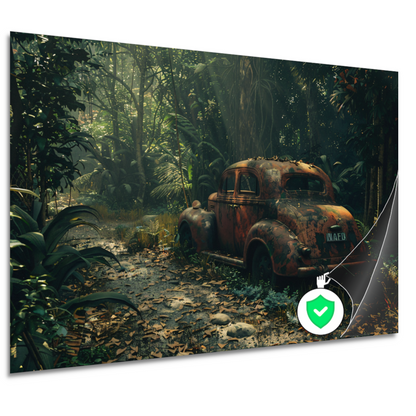 Roestige auto overgroeid door jungle poster