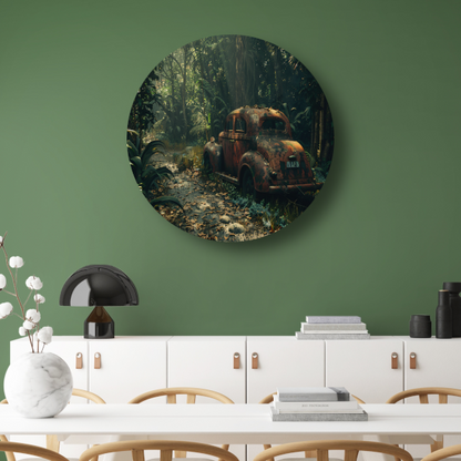 Roestige auto overgroeid door jungle aluminium muurcirkel