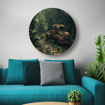 Roestige auto overgroeid door jungle aluminium muurcirkel