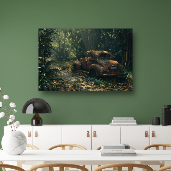 Roestige auto overgroeid door jungle canvas met baklijst