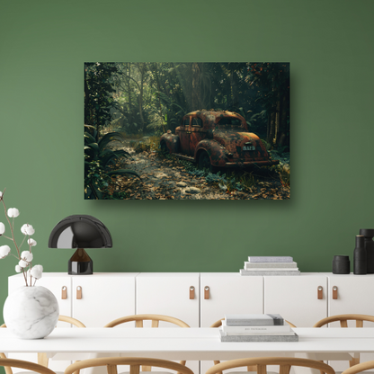 Roestige auto overgroeid door jungle canvas met baklijst