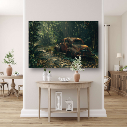 Roestige auto overgroeid door jungle canvas met baklijst