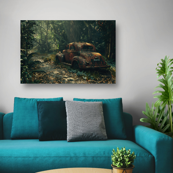 Roestige auto overgroeid door jungle canvas met baklijst