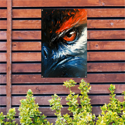 Abstract schilderij van vogel met intens oog tuinposter