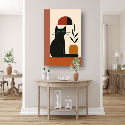Minimalistische Zwarte Kat met Plant canvas