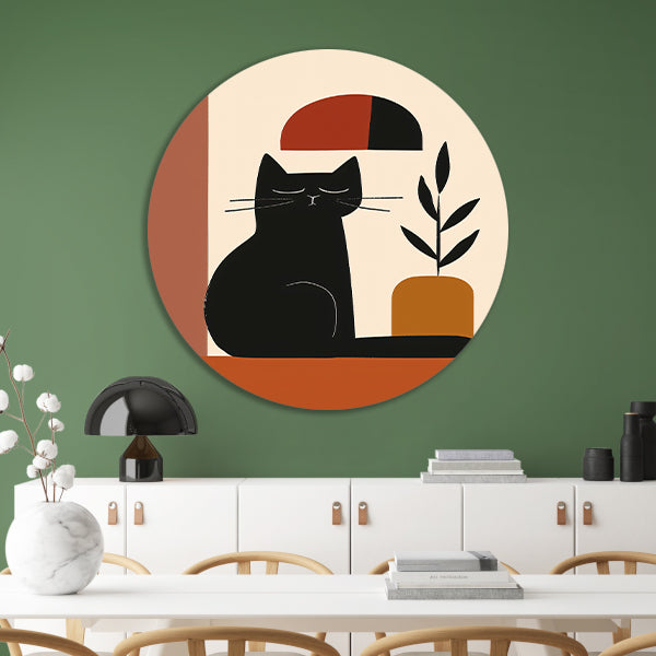 Minimalistische Zwarte Kat met Plant forex muurcirkel