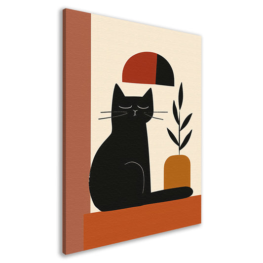 Minimalistische Zwarte Kat met Plant canvas