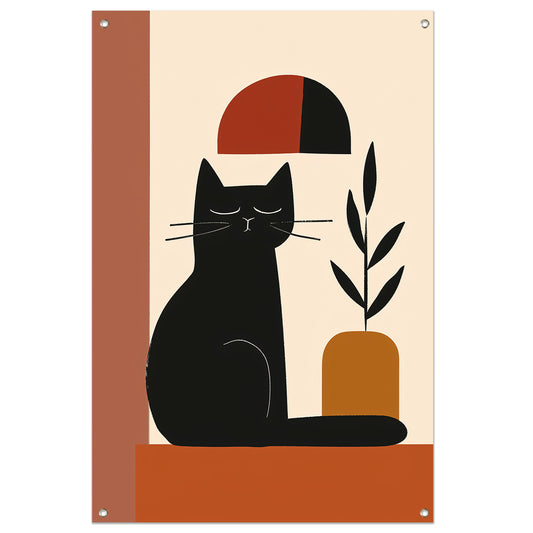 Minimalistische Zwarte Kat met Plant tuinposter