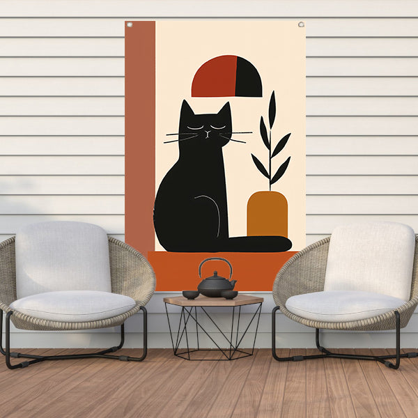 Minimalistische Zwarte Kat met Plant tuinposter