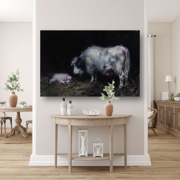 Schaap met slapend lam in rustieke omgeving canvas