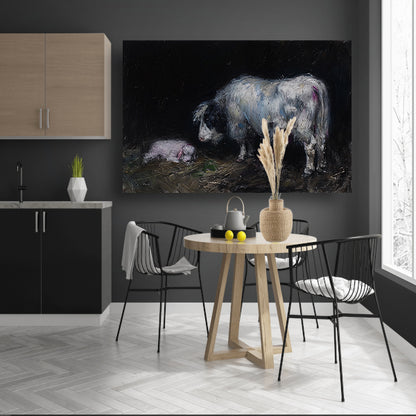 Schaap met slapend lam in rustieke omgeving canvas