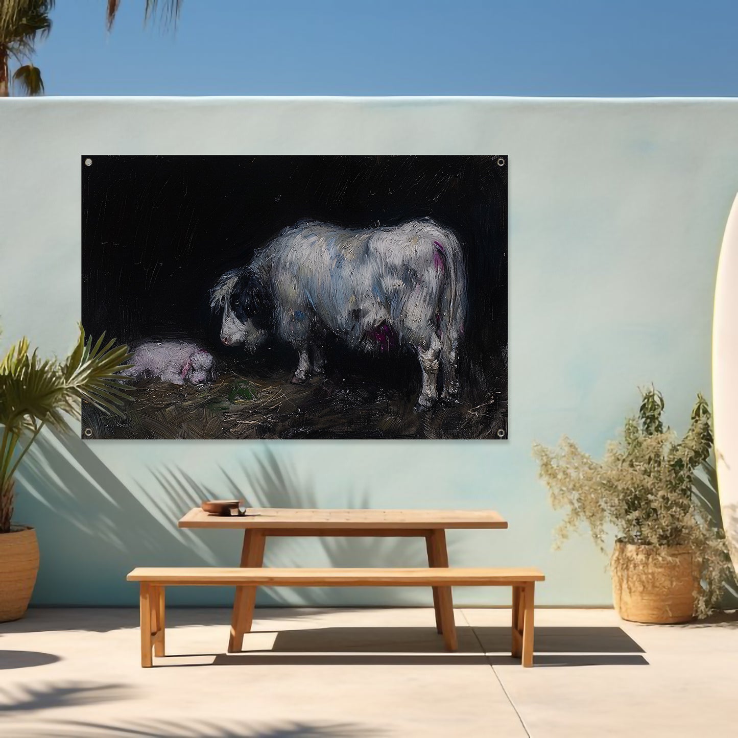 Schaap met slapend lam in rustieke omgeving tuinposter