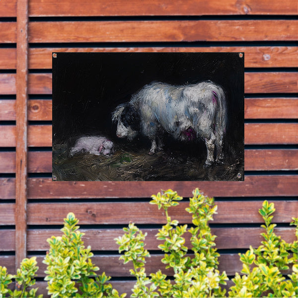 Schaap met slapend lam in rustieke omgeving tuinposter