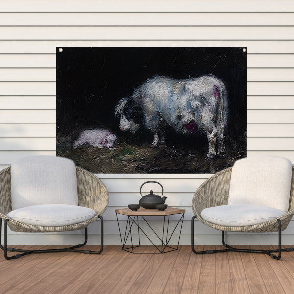 Schaap met slapend lam in rustieke omgeving tuinposter