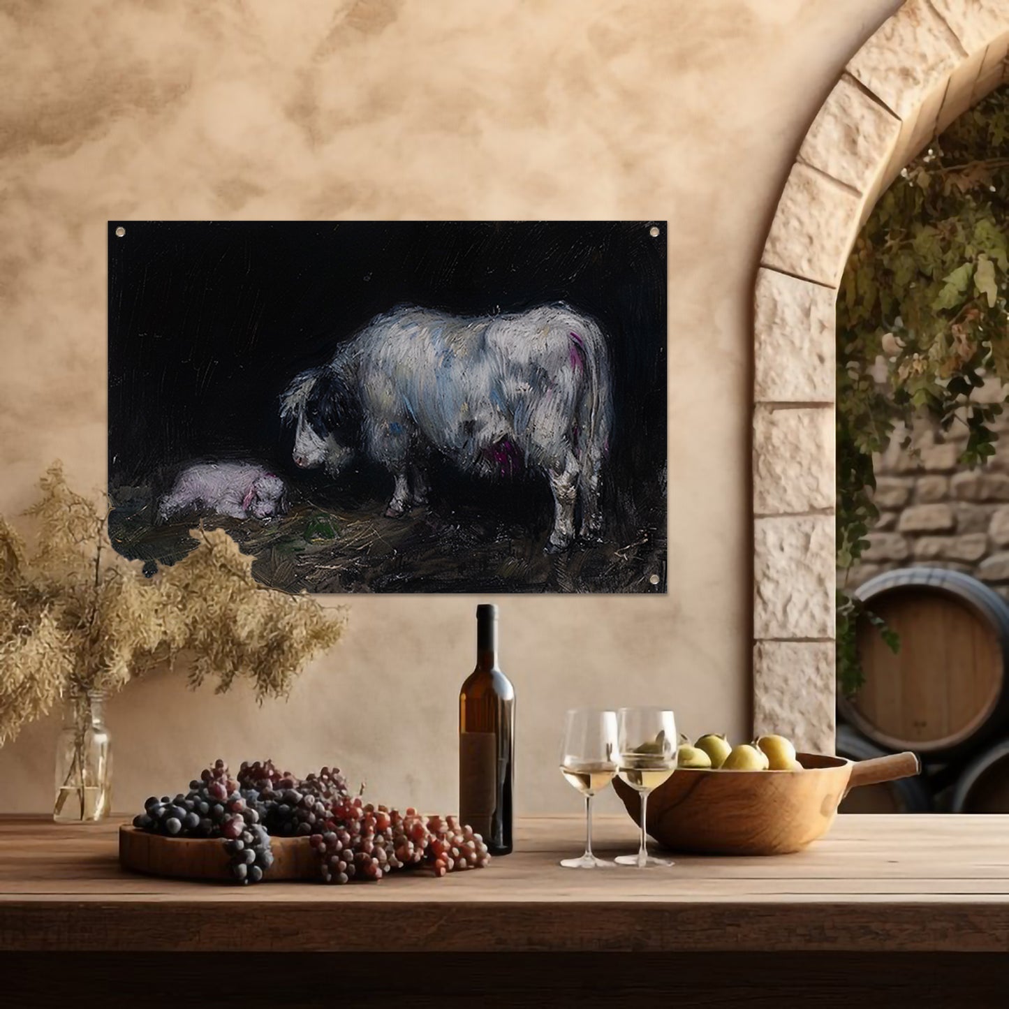Schaap met slapend lam in rustieke omgeving tuinposter
