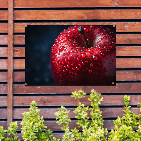 Rode appel bedekt met frisse dauw tuinposter