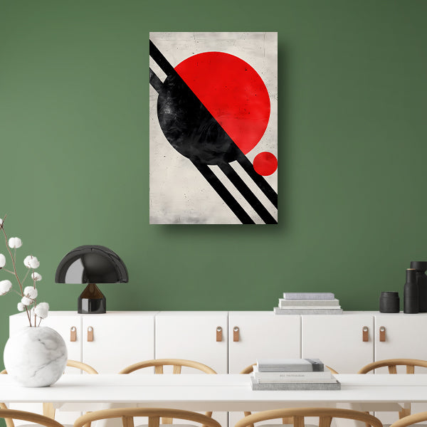Abstract schilderij met rode cirkel en zwarte lijnen. poster