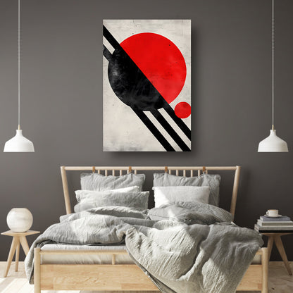 Abstract schilderij met rode cirkel en zwarte lijnen. poster