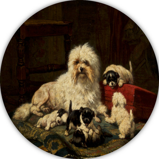 Hond met vijf puppies - Henriëtte Ronner-Knip aluminium muurcirkel