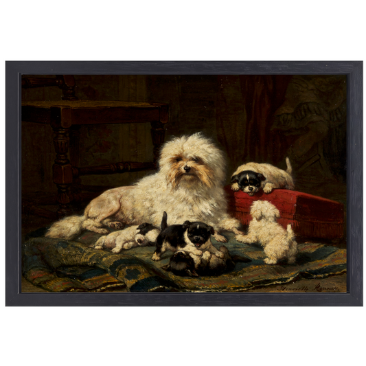 Hond met vijf puppies - Henriëtte Ronner-Knip canvas met baklijst