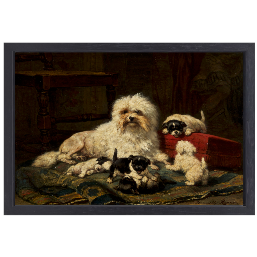 Hond met vijf puppies - Henriëtte Ronner-Knip canvas met baklijst