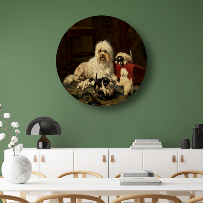 Hond met vijf puppies - Henriëtte Ronner-Knip aluminium muurcirkel