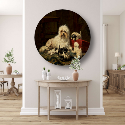 Hond met vijf puppies - Henriëtte Ronner-Knip aluminium muurcirkel