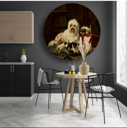Hond met vijf puppies - Henriëtte Ronner-Knip aluminium muurcirkel