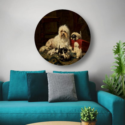 Hond met vijf puppies - Henriëtte Ronner-Knip aluminium muurcirkel