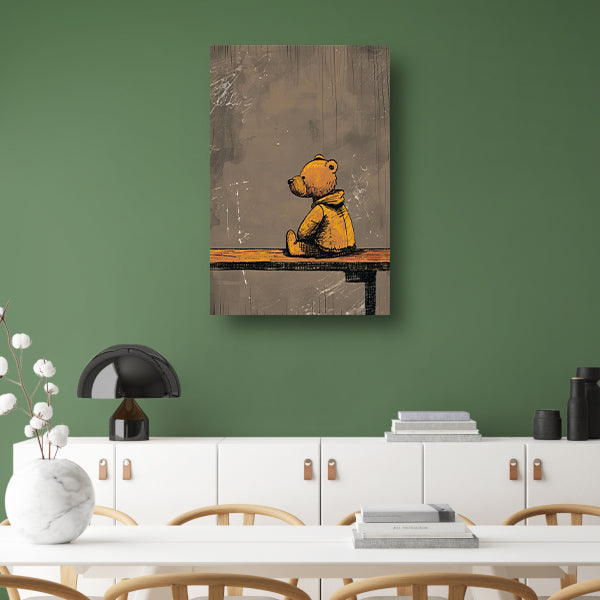 Eenzame Teddybeer op Bankje in Verlaten Landschap poster