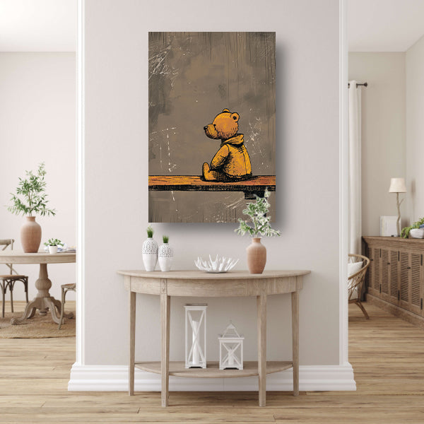 Eenzame Teddybeer op Bankje in Verlaten Landschap poster