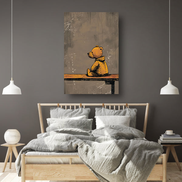 Eenzame Teddybeer op Bankje in Verlaten Landschap poster
