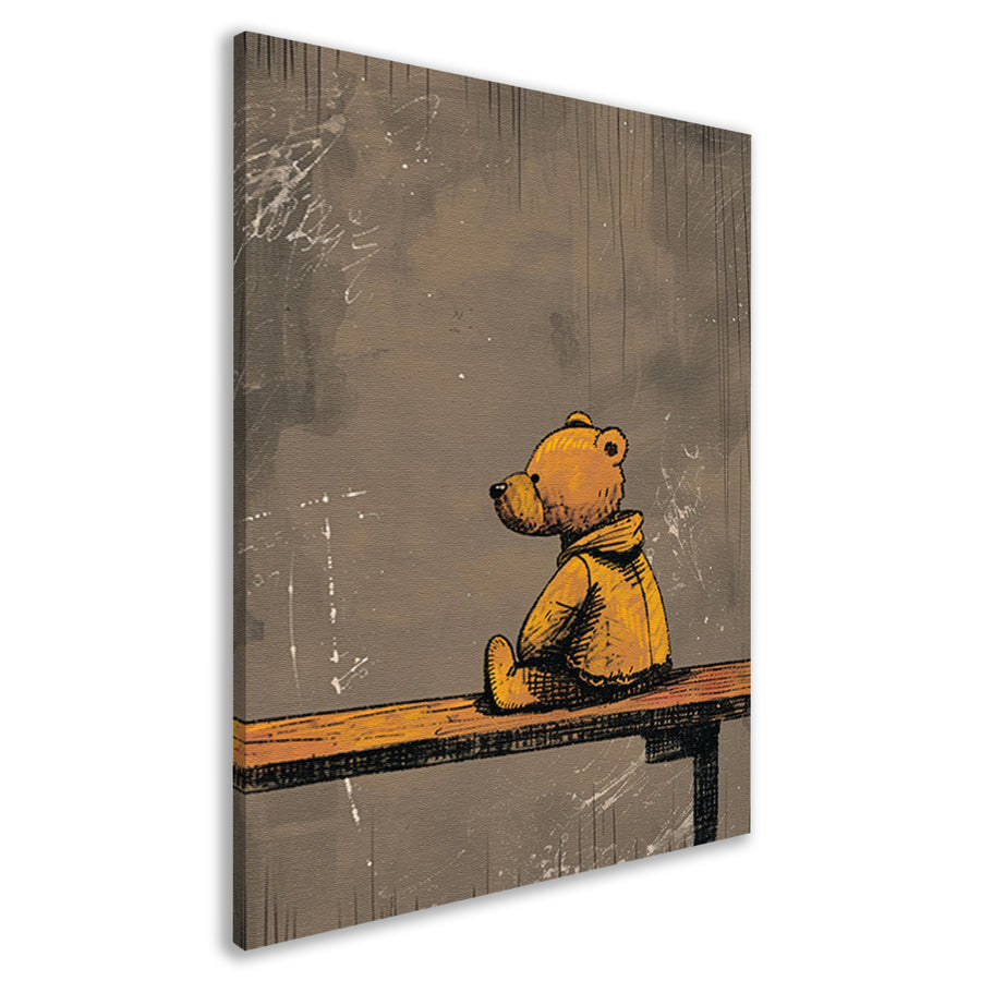 Eenzame Teddybeer op Bankje in Verlaten Landschap canvas