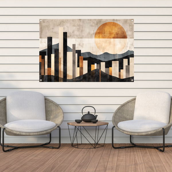 Minimalistische Stedelijke Skyline met Zon tuinposter