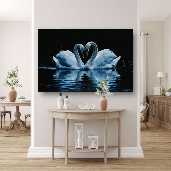 Twee zwanen in hartvorm op water canvas